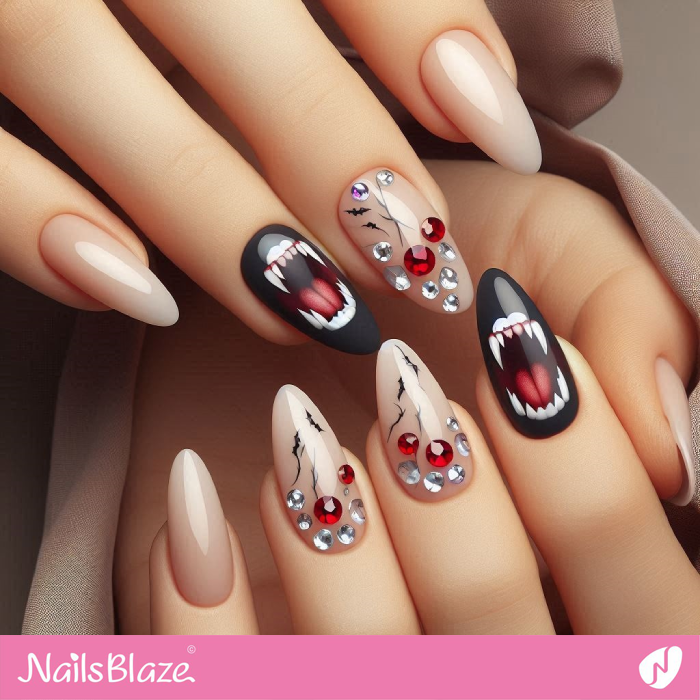 Nude Nails Design with Vampire Fangs | Halloween Vampire Nails - NB6015