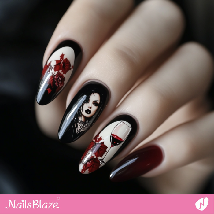 Vampire Woman and Glass of Blood Nails Design | Halloween Vampire Nails - NB6017