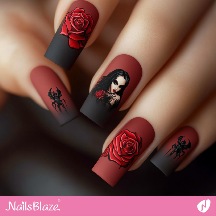 Vampire and Rose Matte Nails Design | Halloween Vampire Nails - NB6018