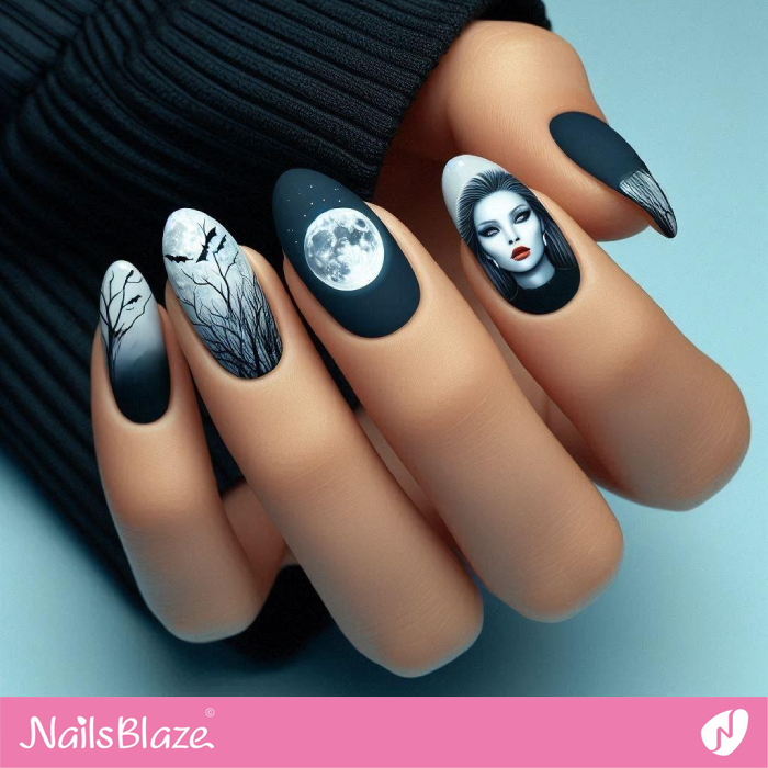 Matte Nails Vampire and Full Moon Design | Halloween Vampire Nails - NB6022