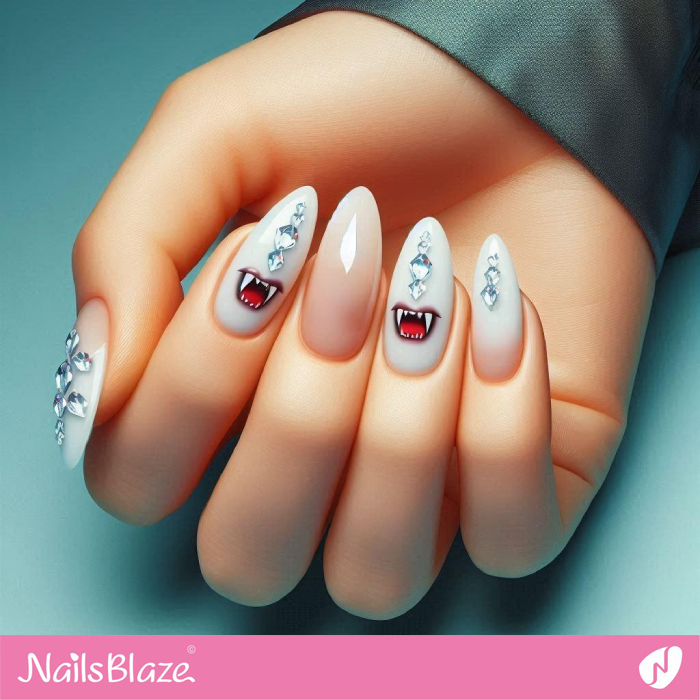 Embellished White Nails with Vampire Fangs | Halloween Vampire Nails - NB5995