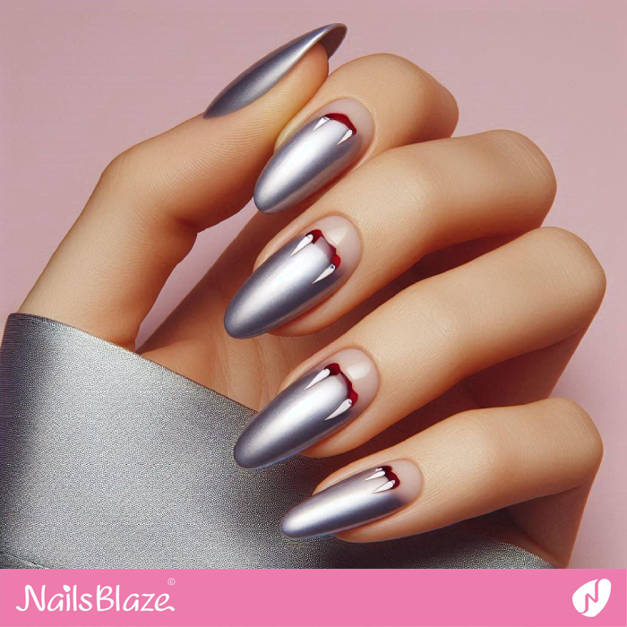 Silver Nails Minimal Vampire Fangs Design | Halloween Vampire Nails - NB5996