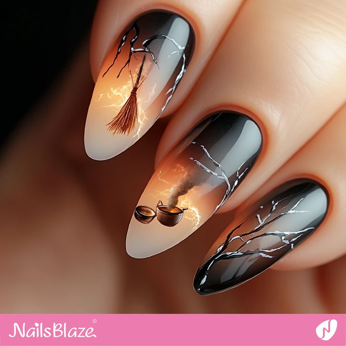 Nails with Witch Pot and Broom Design | Halloween Witch Nails - NB5922