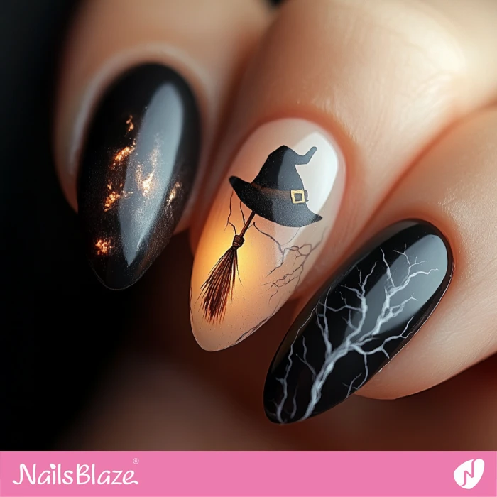 Witch Hat and Broom Design for Nails | Halloween Witch Nails - NB5925