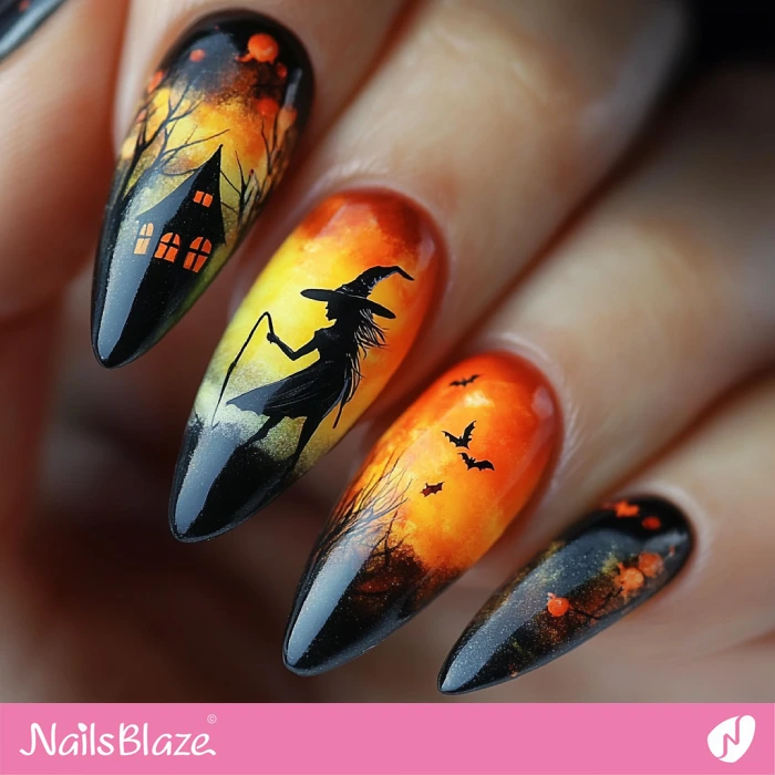 Orang and Black Witchy Nails Design | Halloween Witch Nails - NB5926