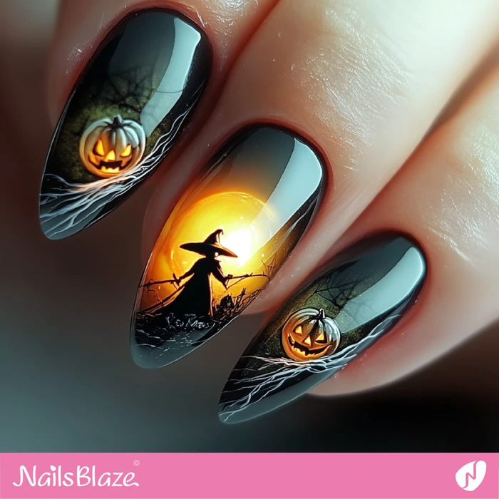 Halloween Witch and Pumpkin Nails Design | Halloween Witch Nails - NB5931