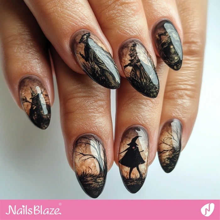 Brown Watercolor Nails Witch Design | Halloween Witch Nails - NB5914