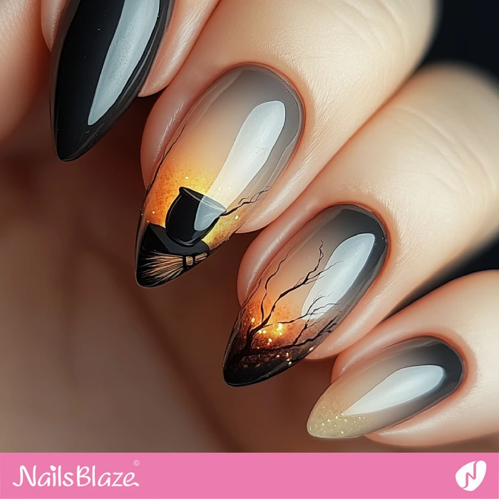 Witch Pot and Broom Nails Design | Halloween Witch Nails - NB5915