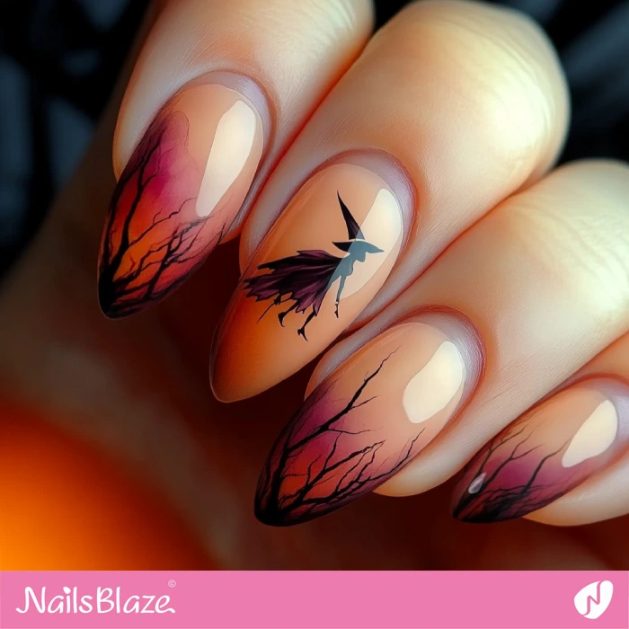 Ombre Nails Design with Flying Witch | Halloween Witch Nails - NB5916