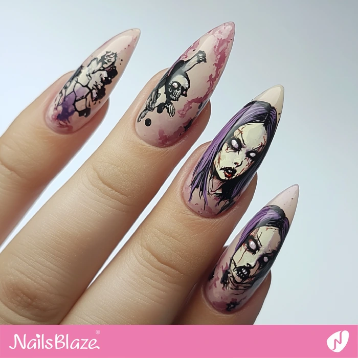 Purple Hair Zombie Girl Nails Design | Halloween Zombie Nails - NB5866