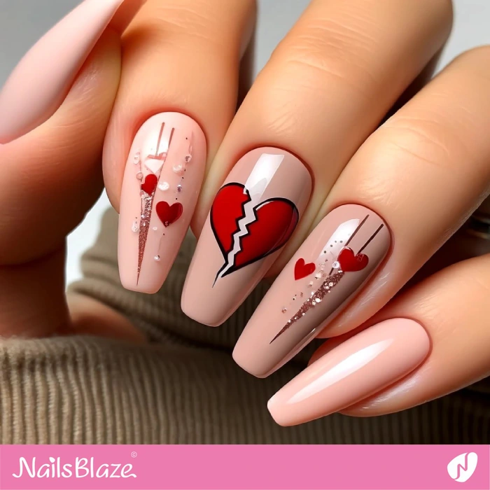 Embellished Broken Heart Nails Design | Heart Nails - NB4602