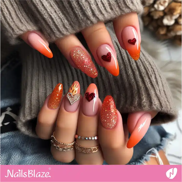 Flame and Heart Glitter Nails Design | Heart Nails - NB4783