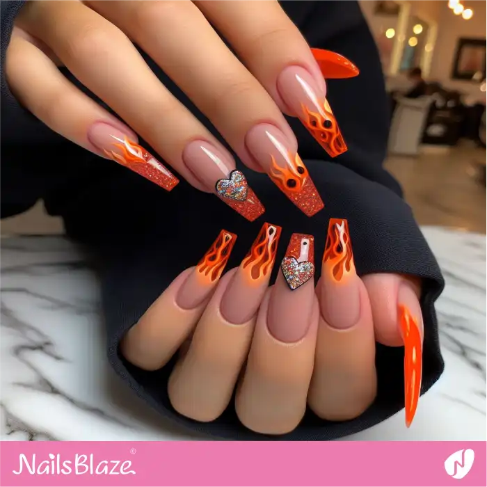 Flame French Nails with Heart Design | Heart Nails - NB4784