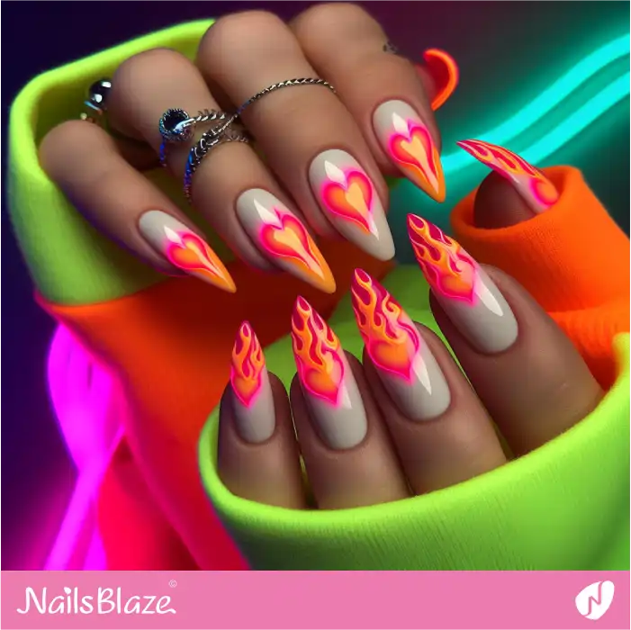 Neon Heart Flame Nails Design | Heart Nails - NB4818