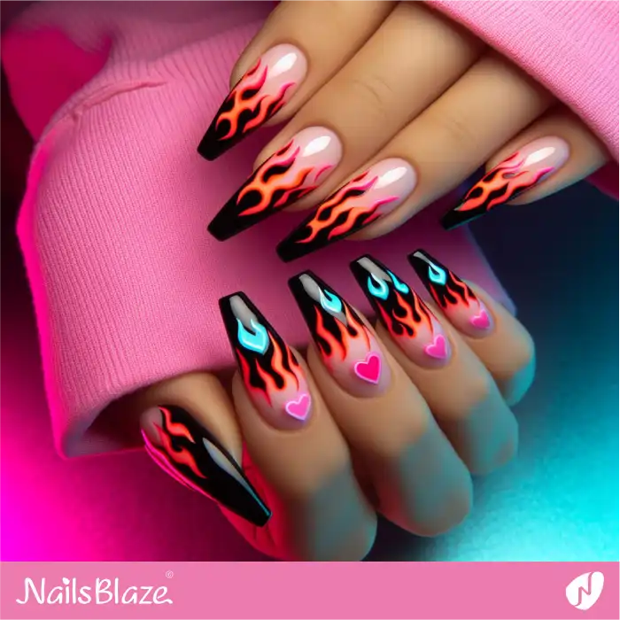 Black Flame French with Heart Design | Heart Nails - NB4819