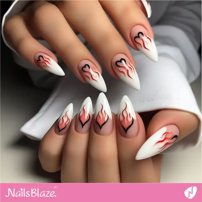 French Tips with Flame Heart Design | Heart Nails - NB4823