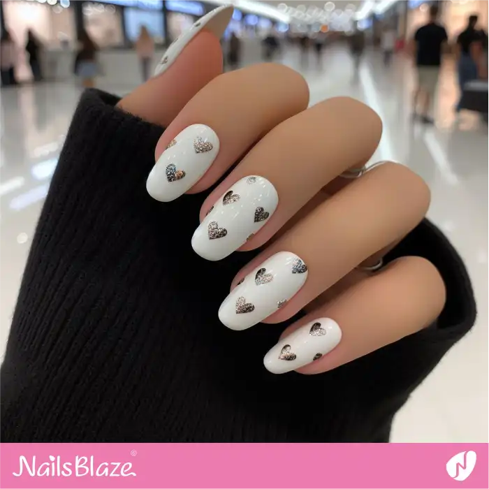 White Nails with Glitter Hearts Design | Heart Nails - NB4794