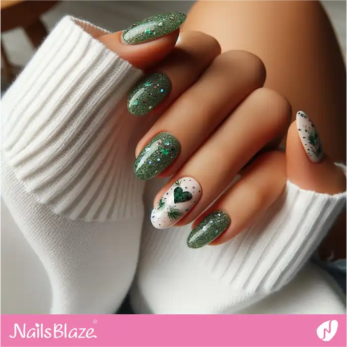 Nature-inspired Nails with Green Glitter Heart | Heart Nails - NB4798