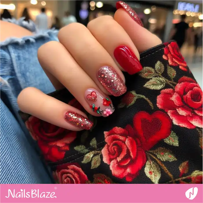 Glitter Design for Red Heart Nails | Heart Nails - NB4800