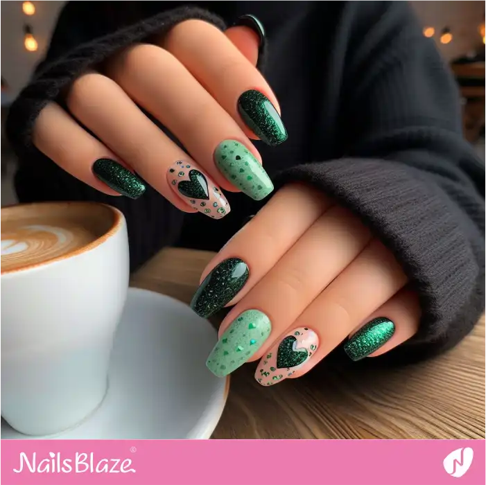 Nails with Green Glitter Hearts | Heart Nails - NB4801