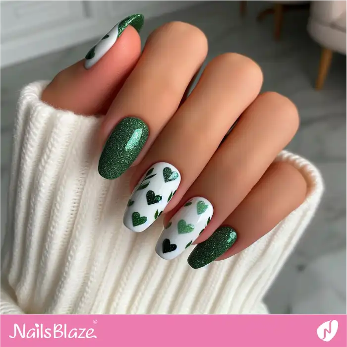 Green Glitter Hearts on Nails | Heart Nails - NB4803