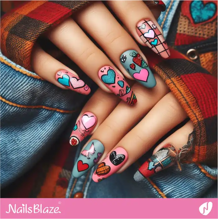 Pink and Blue Nails Graffiti Heart Design | Heart Nails - NB4848