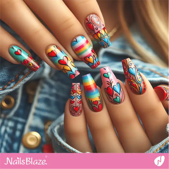 Graffiti Rainbow Nails with Hearts | Heart Nails - NB4850