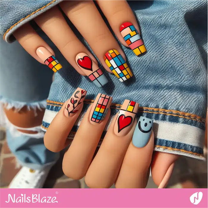 Graffiti Color Blocks and Hearts Nails Design | Heart Nails - NB4853