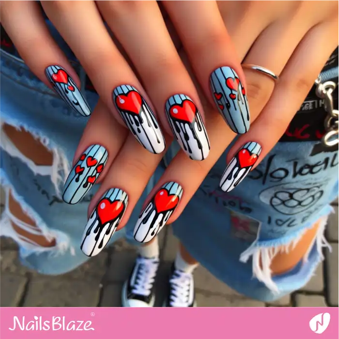 Blue Nails Graffiti Design with Dripping Hearts | Heart Nails - NB4856