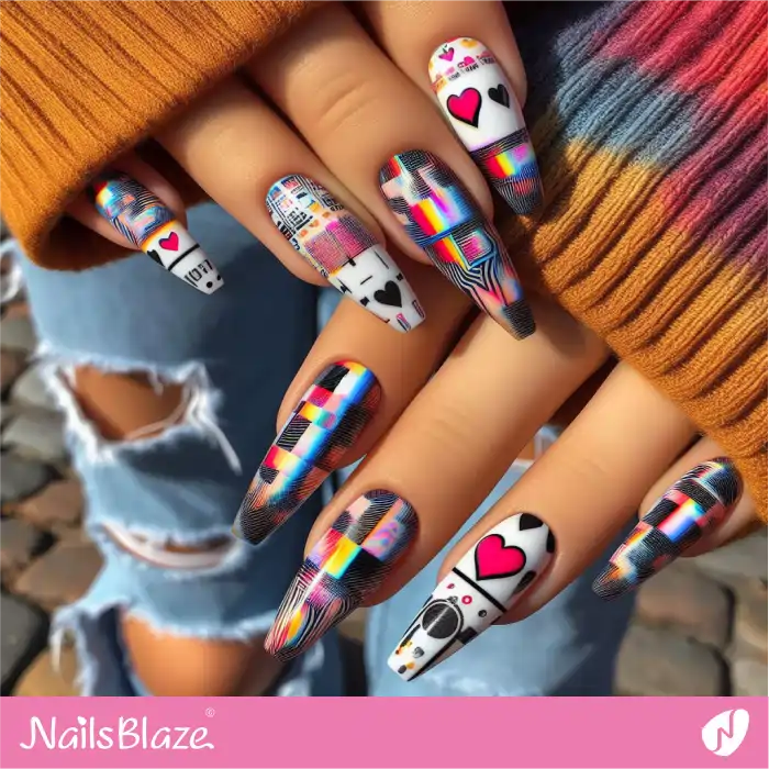 Glitch Style Graffiti Nails with Hearts | Heart Nails - NB4862