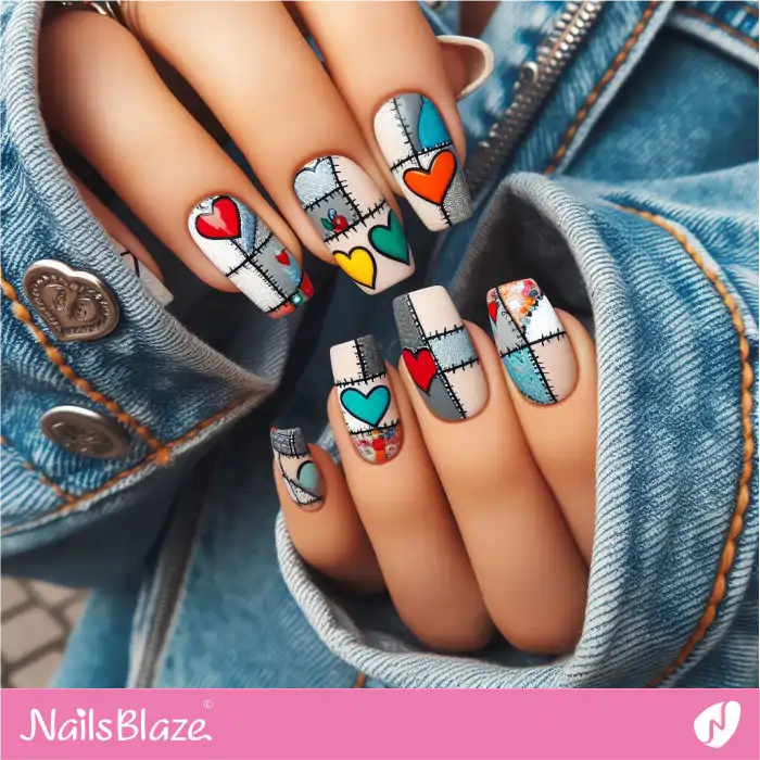 Patches and Hearts Graffiti Nails | Heart Nails - NB4866