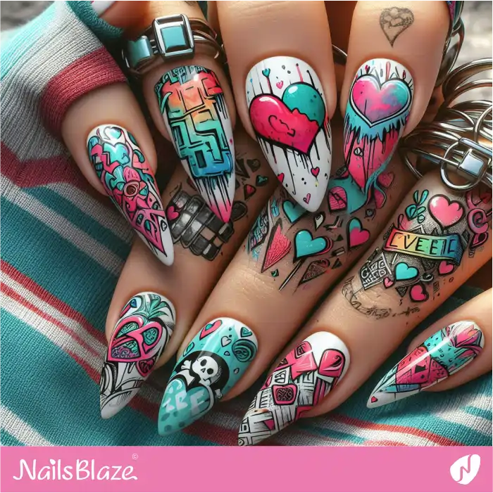 Graffiti Nails with Heart Design | Heart Nails - NB4869