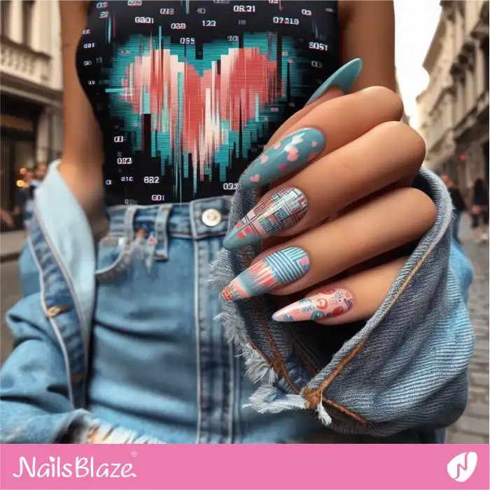 Graffiti Heart Design for Blue Glitch Nails | Heart Nails - NB4871