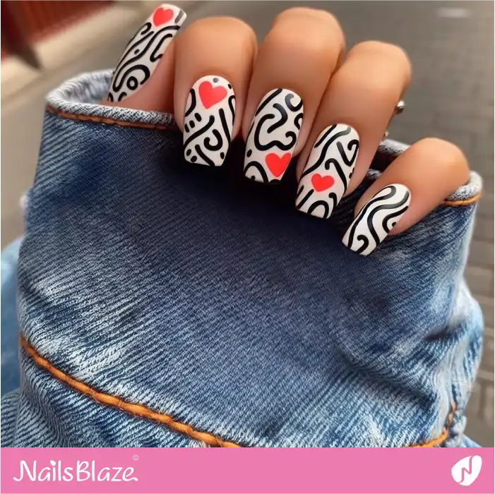 Black and White Squiggle Nails with Hearts | Heart Nails - NB4870