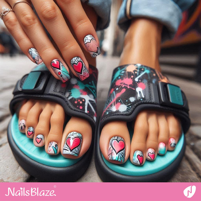 Manicure and Pedicure Design with Graffiti Hearts | Heart Nails - NB4879