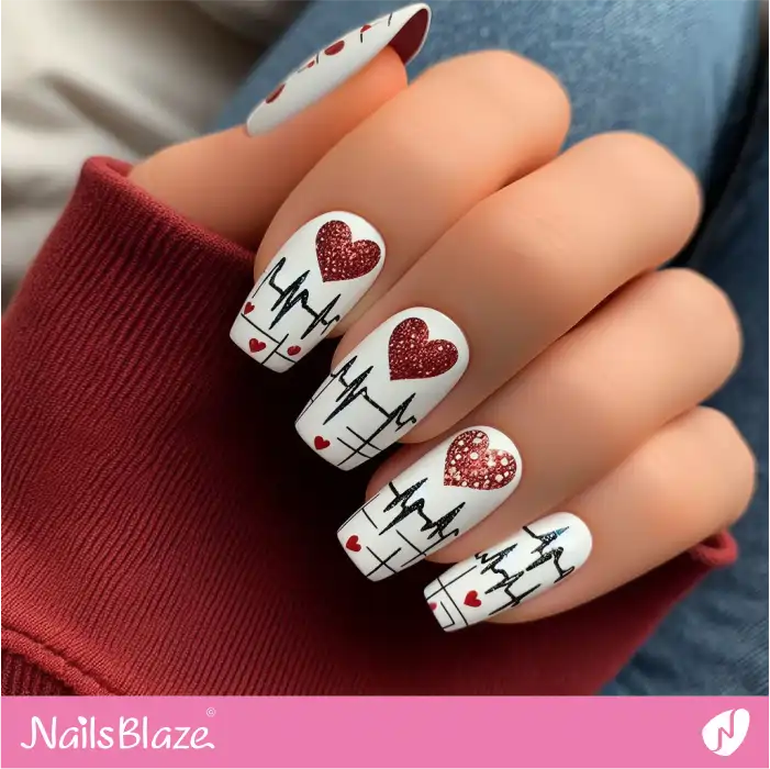 Heartbeat Nails with Glitter Red Heart | Heart Nails - NB4805