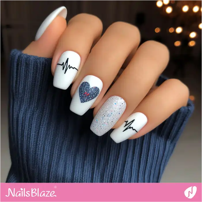 Heartbeat Nails with Blue Heart Design | Heart Nails - NB4814