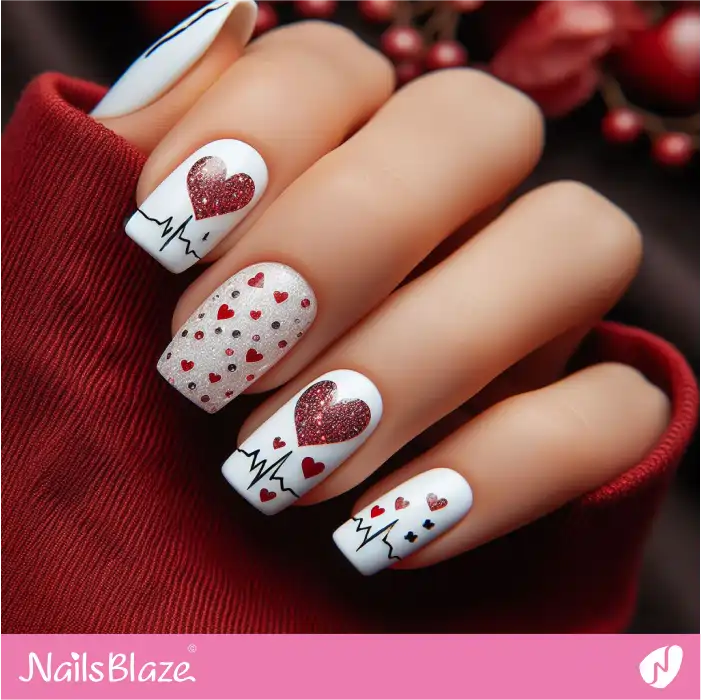 Heartbeats and Red Hearts Nails Design | Heart Nails - NB4817