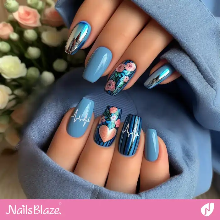 Blue Nails with Heartbeats | Heart Nails - NB4806