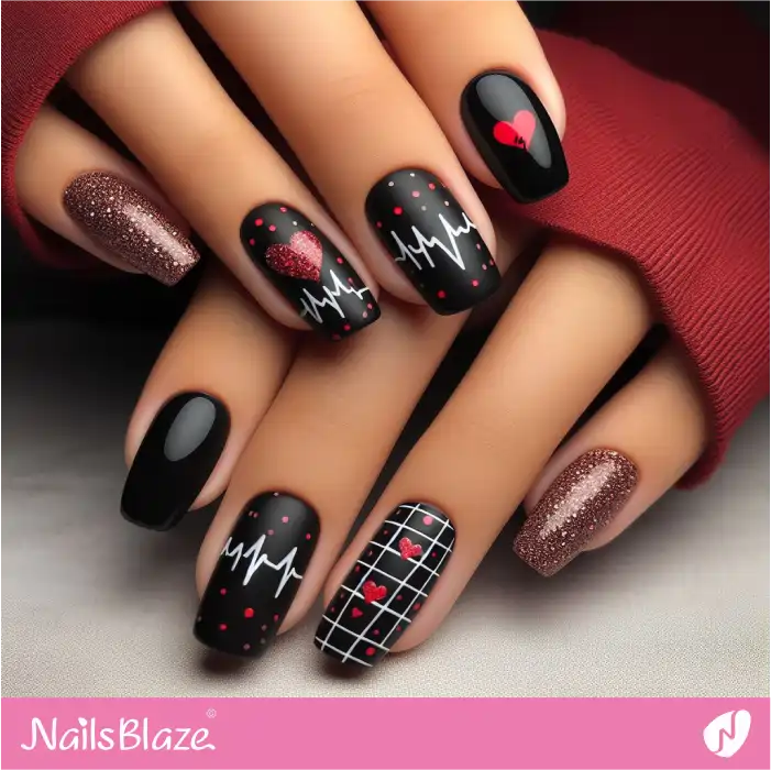 Black Nails Heartbeat Design | Heart Nails - NB4808