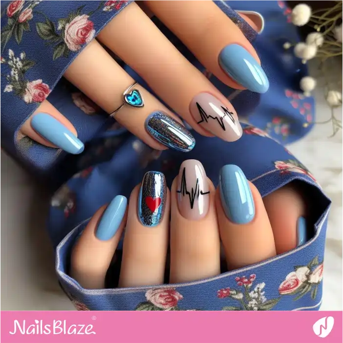 Blue Nails Design with Heartbeat | Heart Nails - NB4811