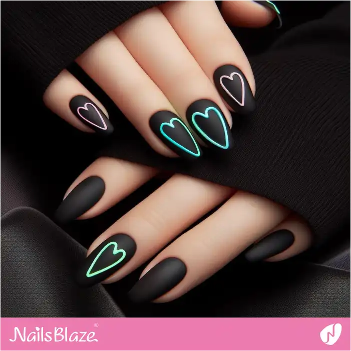 Black Nails Minimal Neon Heart Design for Party | Heart Nails - NB4824