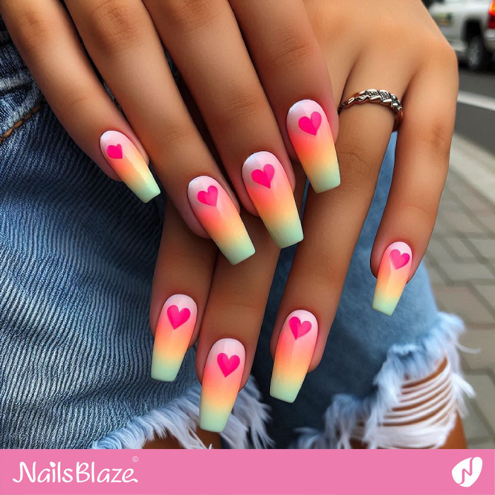 Ombre Nails Pink Neon Heart Design | Heart Nails - NB4836