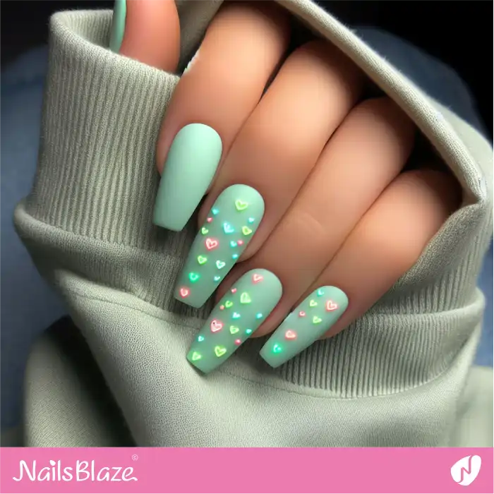 Green Nails with Small Neon Hearts Design | Heart Nails - NB4837