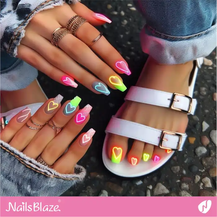 Manicure and Pedicure Design with Neon Hearts | Heart Nails - NB4838