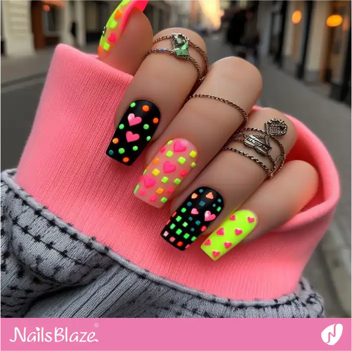 3D Neon Hearts Nails Design | Heart Nails - NB4839