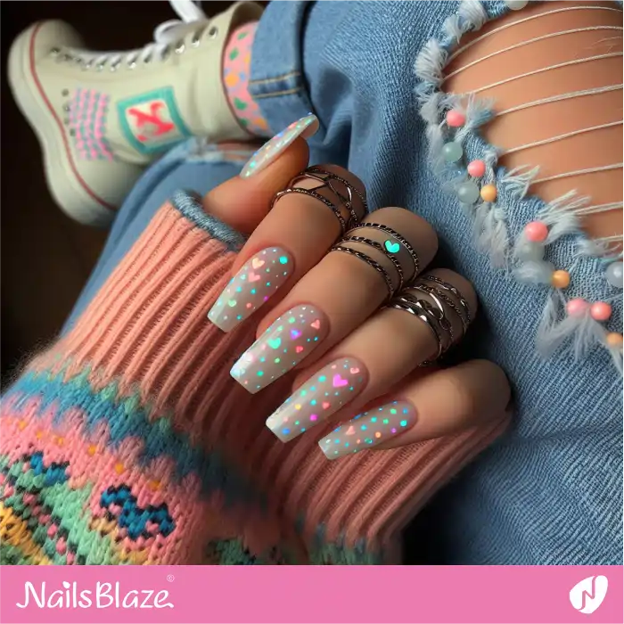 Long Nails with Small Neon Hearts and Dots Design | Heart Nails - NB4840