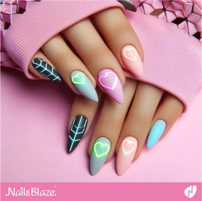 Pastel Nails Neon Hearts Design | Heart Nails - NB4842