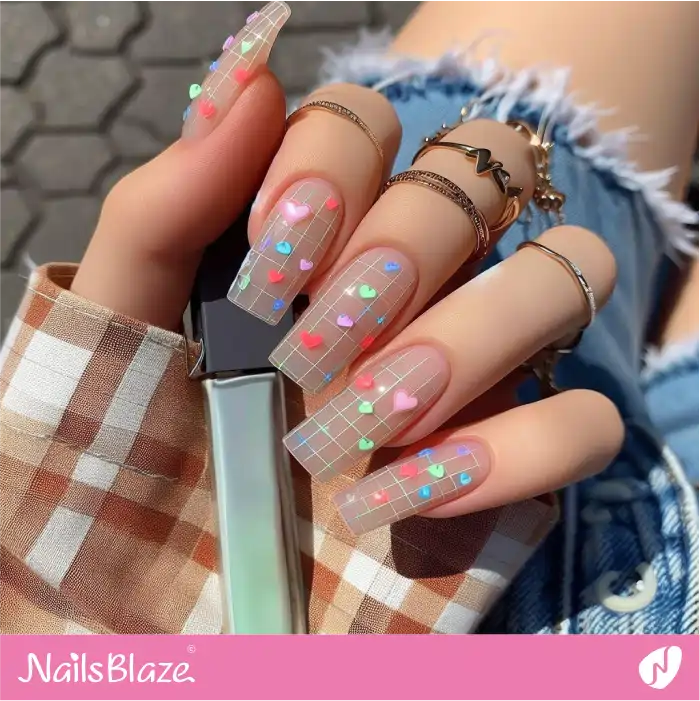 Grid Nails with 3D Neon Hearts Design | Heart Nails - NB4825