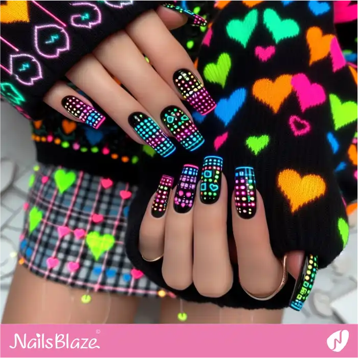 Dots and Hearts Neon Nails Design | Heart Nails - NB4826